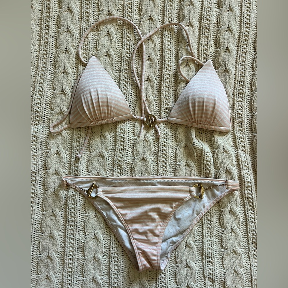 Victoria's Secret 2 piece bikini, padded top, bottoms w/gold chains, pink/white